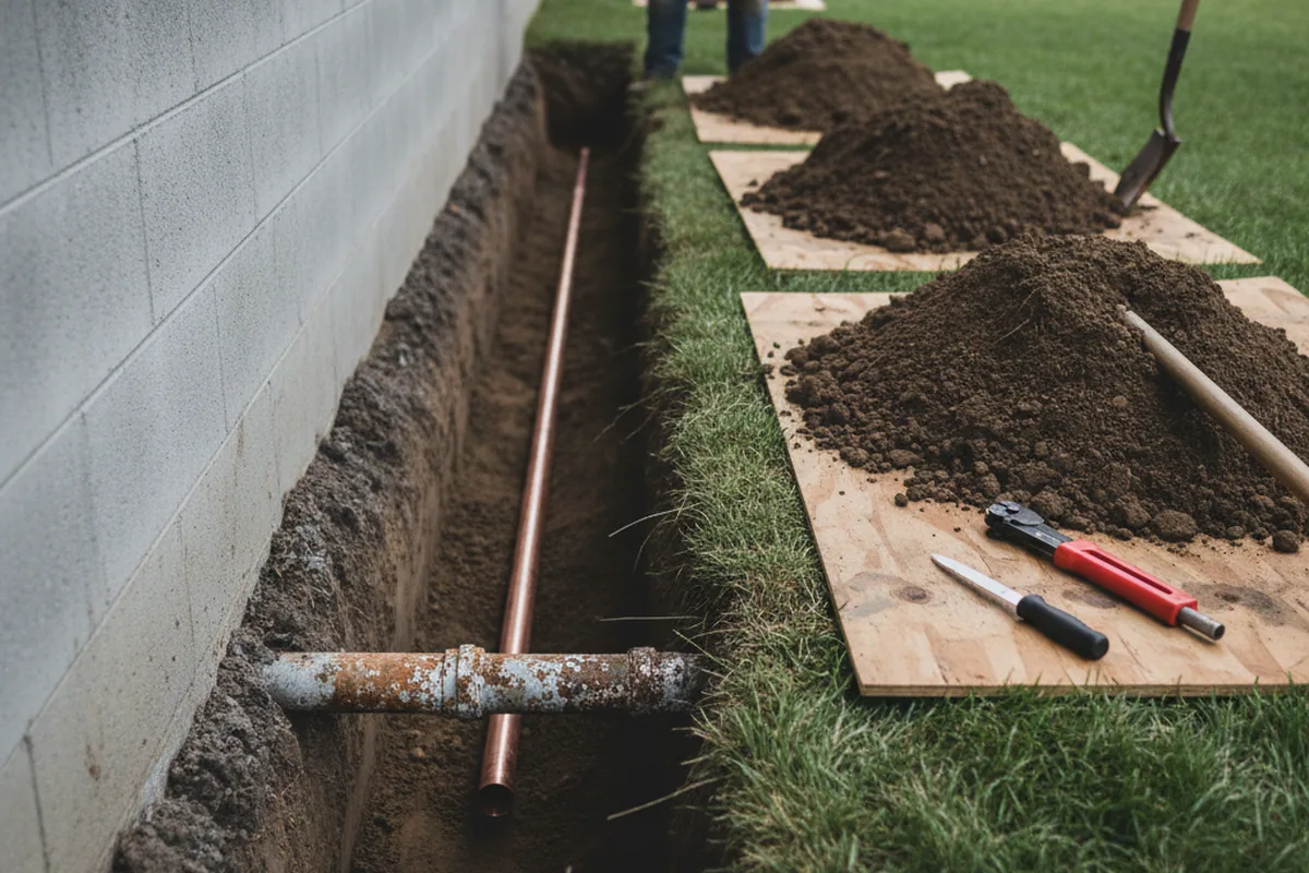 Excavated water line trench during Sewer Line Repair in Mc Clellandtown